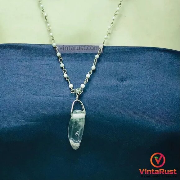 Handmade Clear Quartz Pendant Necklace with Delicate Pearl Chain, Stylish Unisex - Picture 5 of 14